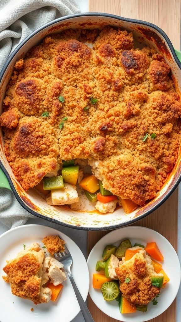 A golden brown chicken and vegetable casserole with a crispy topping, served in a rustic dish.